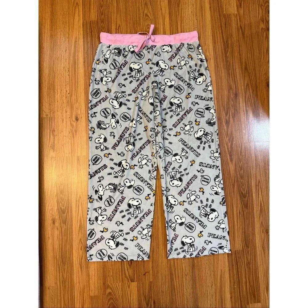 Peanuts Women's Snoopy And Woodstock Fleece Lounge Pajama Pants Gray Pink Sz XL